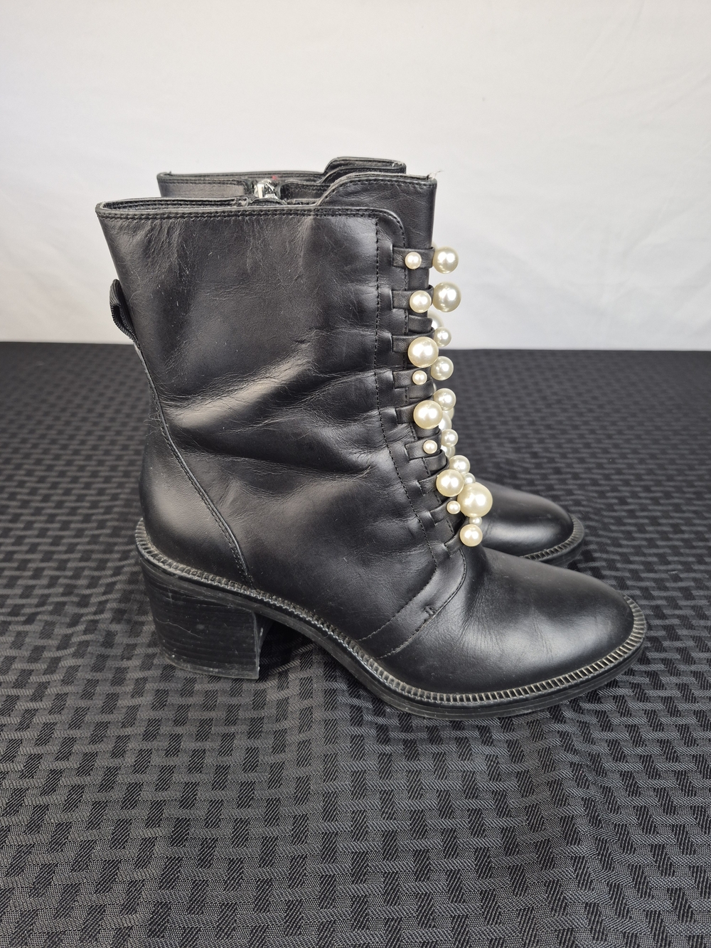 Zara Black Leather Ankle Boots with Pearl Embellishments - Picture 5 of 7